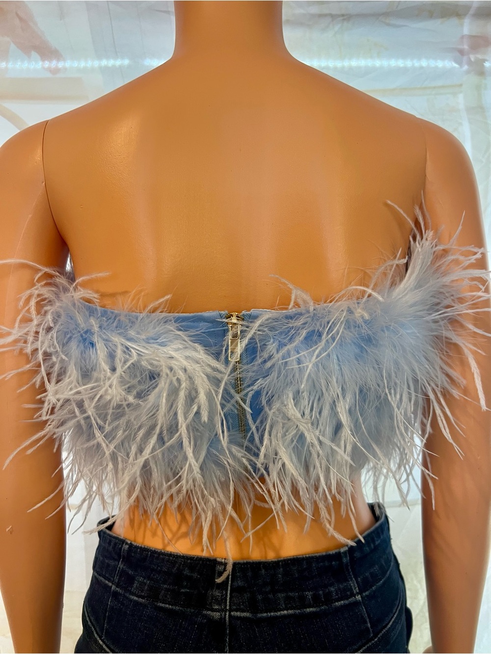 Fashion Nova Light Blue Feather Trim Strapless Tube Top - Picture 3 of 5